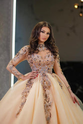 Vintage Champagne Long Sleeves High Neck Beaded Ball Gown Tulle Wedding Dresses With Rhinestone